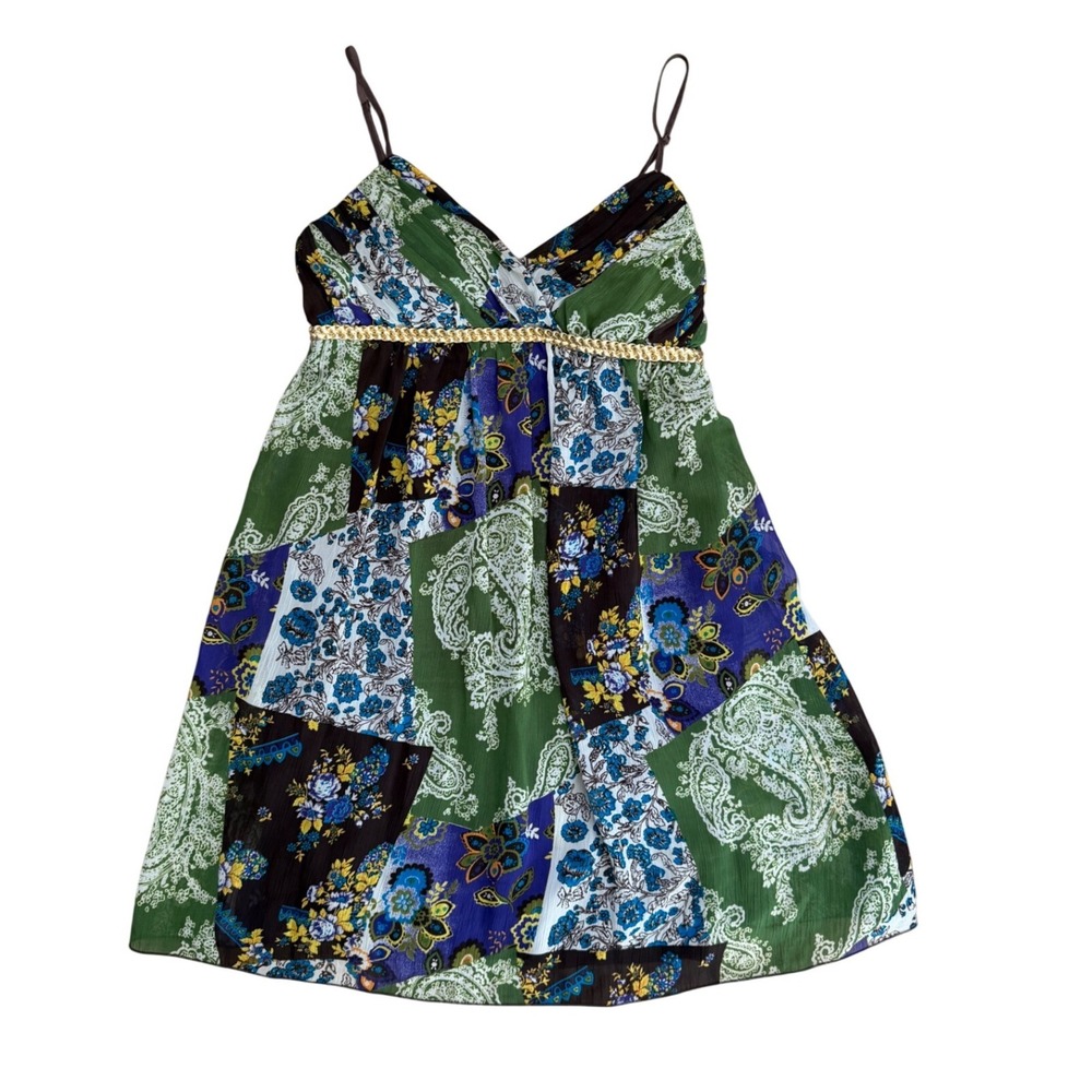 Green Patchwork Paisley Floral Babydoll tank top boho whimsy fairy gold trim